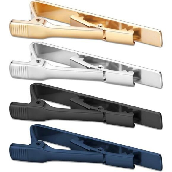 4 Pack Tie Clips for Men Classic Gold Silver Black Blue Tie Bars Formal Set - Picture 5 of 8